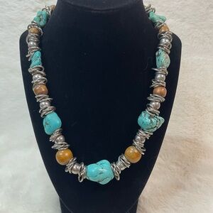 Vintage Turquoise & Silver Beaded Necklace | Boho Southwestern Statement